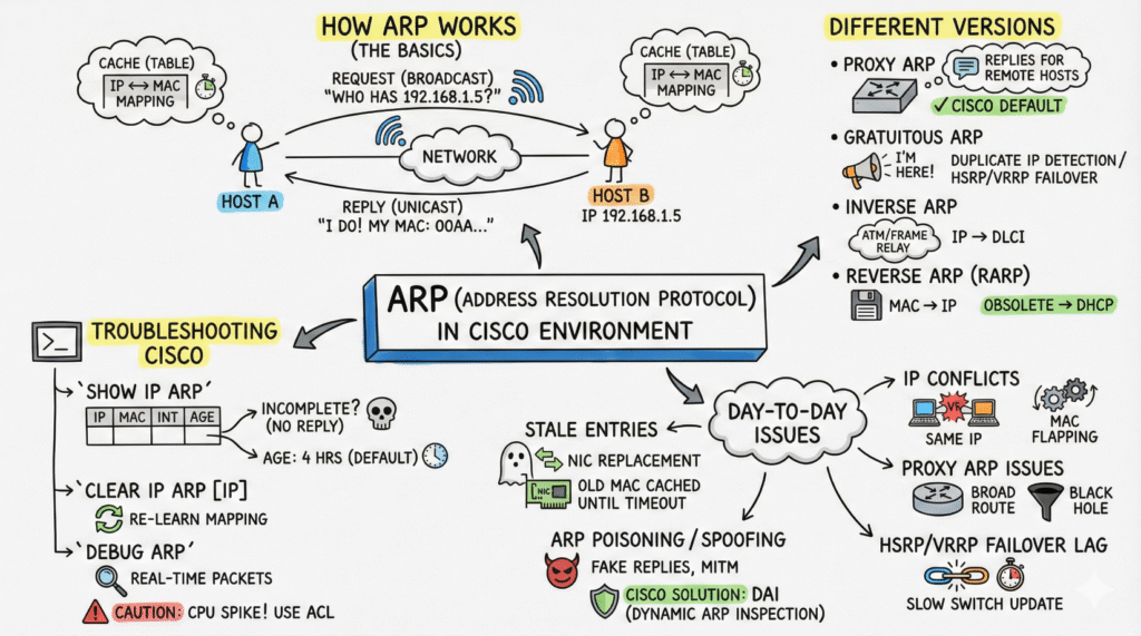 A visual sketchnote explaining ARP versions, troubleshooting, and Cisco environment issues